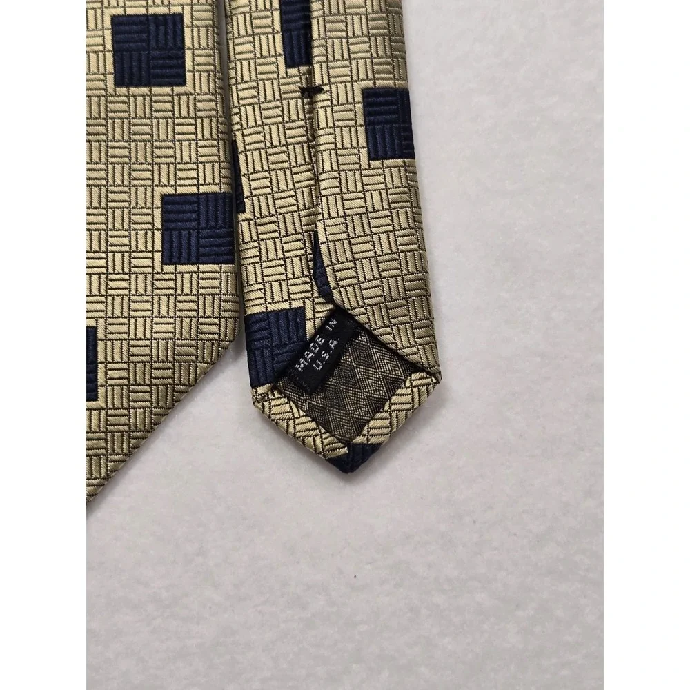 Vintage Bruno Piattelli‎ Navy Gold Textured Geometric Print Pure Silk Tie Flawed
